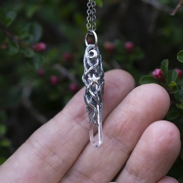 Small Quartz Crystal Moon & Star Pendant