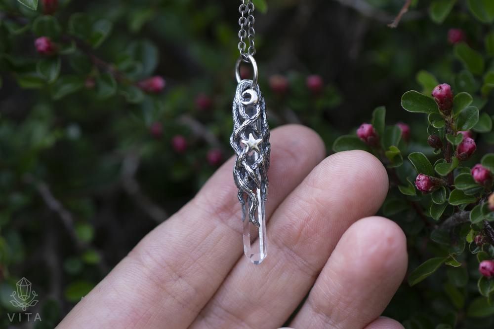 Small Quartz Crystal Moon & Star Pendant