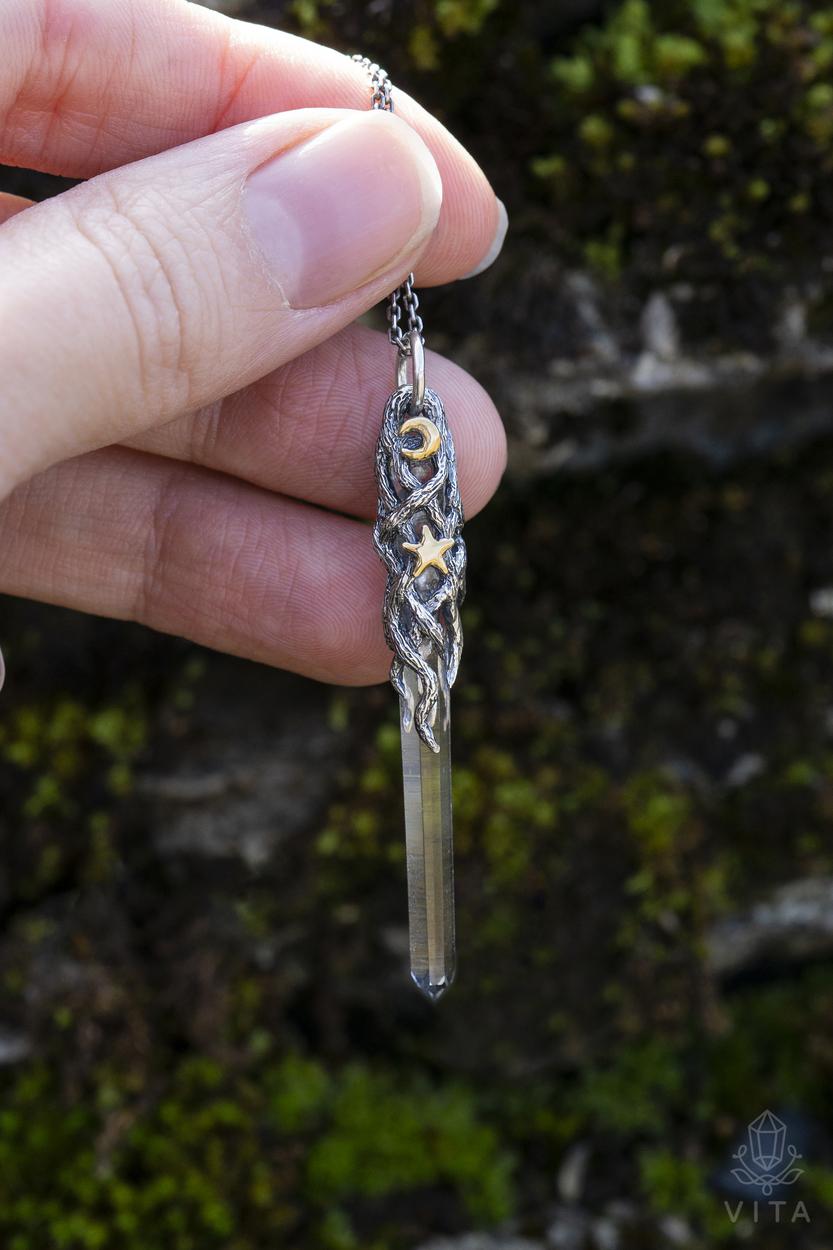 Gold-Plated Quartz Crystal Moon & Star Pendant
