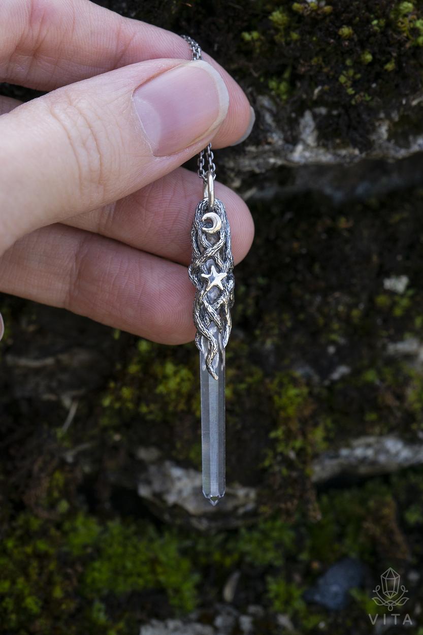 Quartz Crystal Moon & Star Pendant