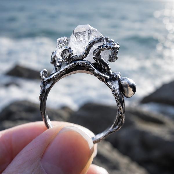 Kraken ring with raw rock crystal