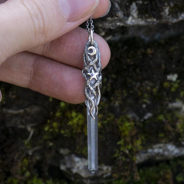 Quartz Crystal Moon & Star Pendant